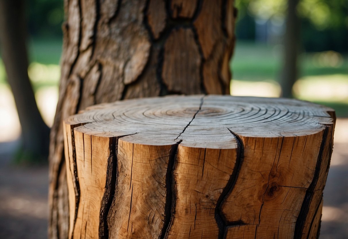 A sturdy tree trunk is transformed into furniture, with a smooth surface and natural wood grain. Surrounding it are curious onlookers, pointing and admiring the unique creation