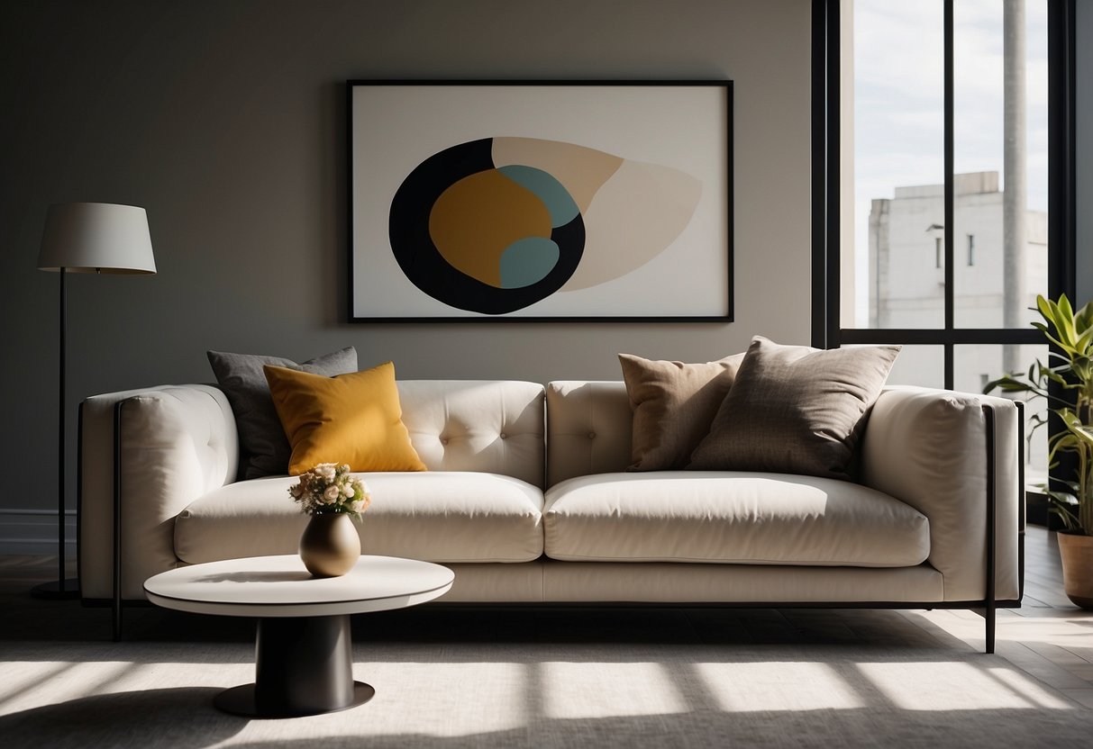 A sleek, modern sofa sits in a sunlit room, surrounded by elegant, minimalist furniture and art pieces
