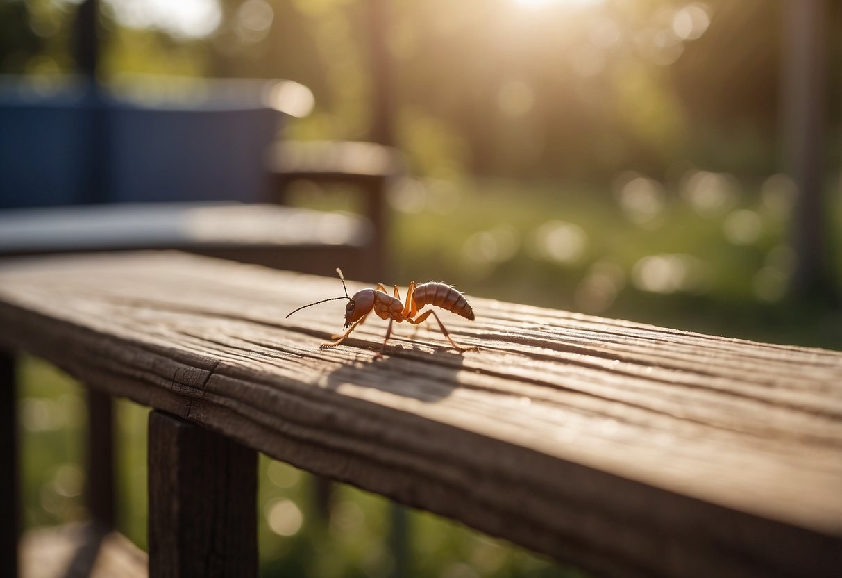 A furniture being treated with termite-resistant coating and placed on a raised platform away from soil and moisture sources