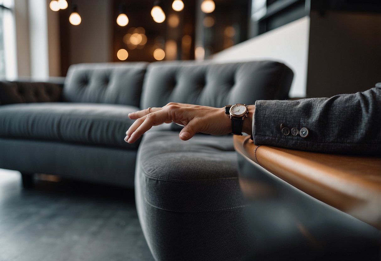 A hand reaching out to touch a sleek, modern sofa surrounded by elegant, high-end furniture in a luxurious, well-lit showroom