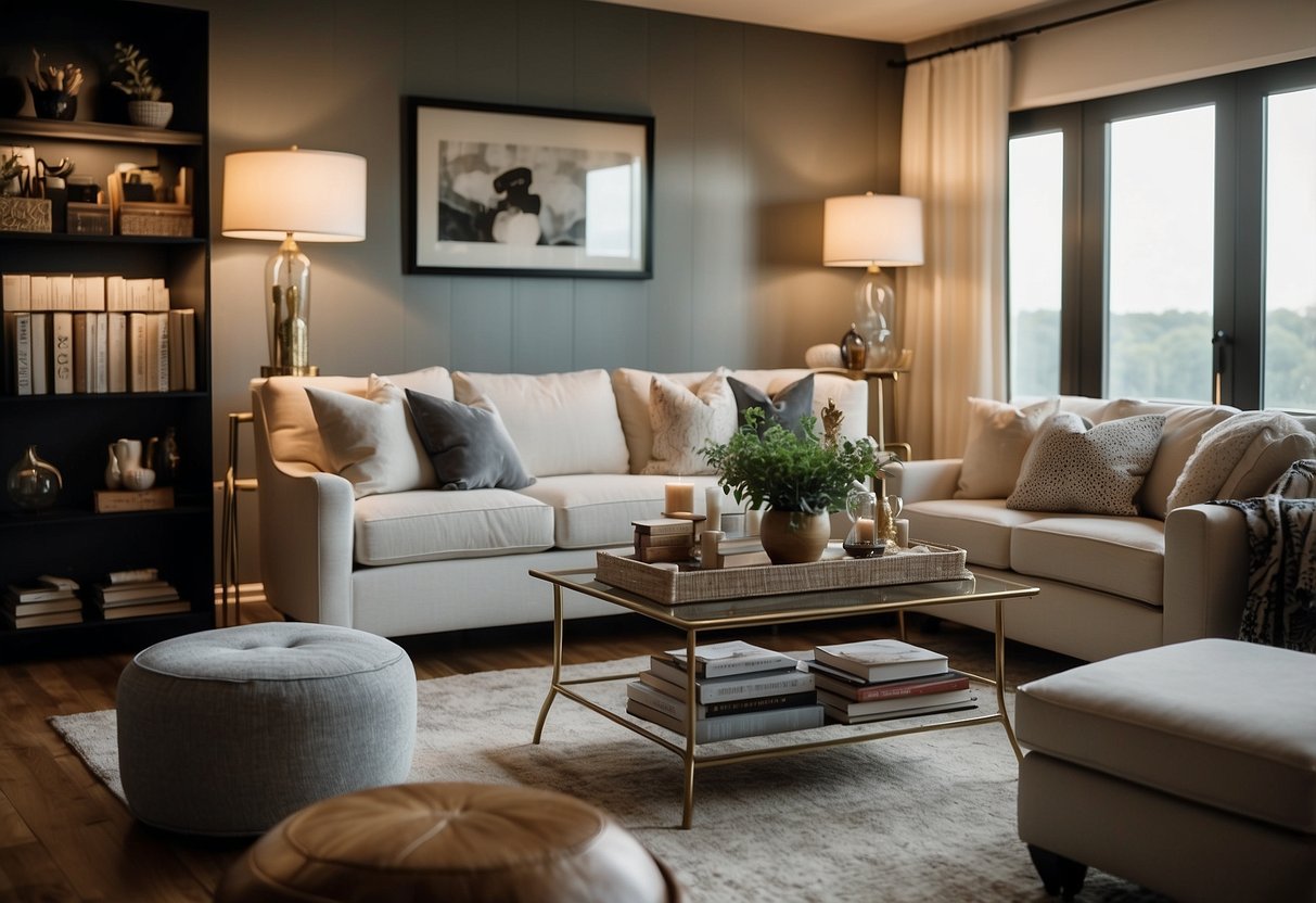 A cozy living room with a plush Lexington sofa, a sleek coffee table, and a stylish bookshelf filled with books and decorative items