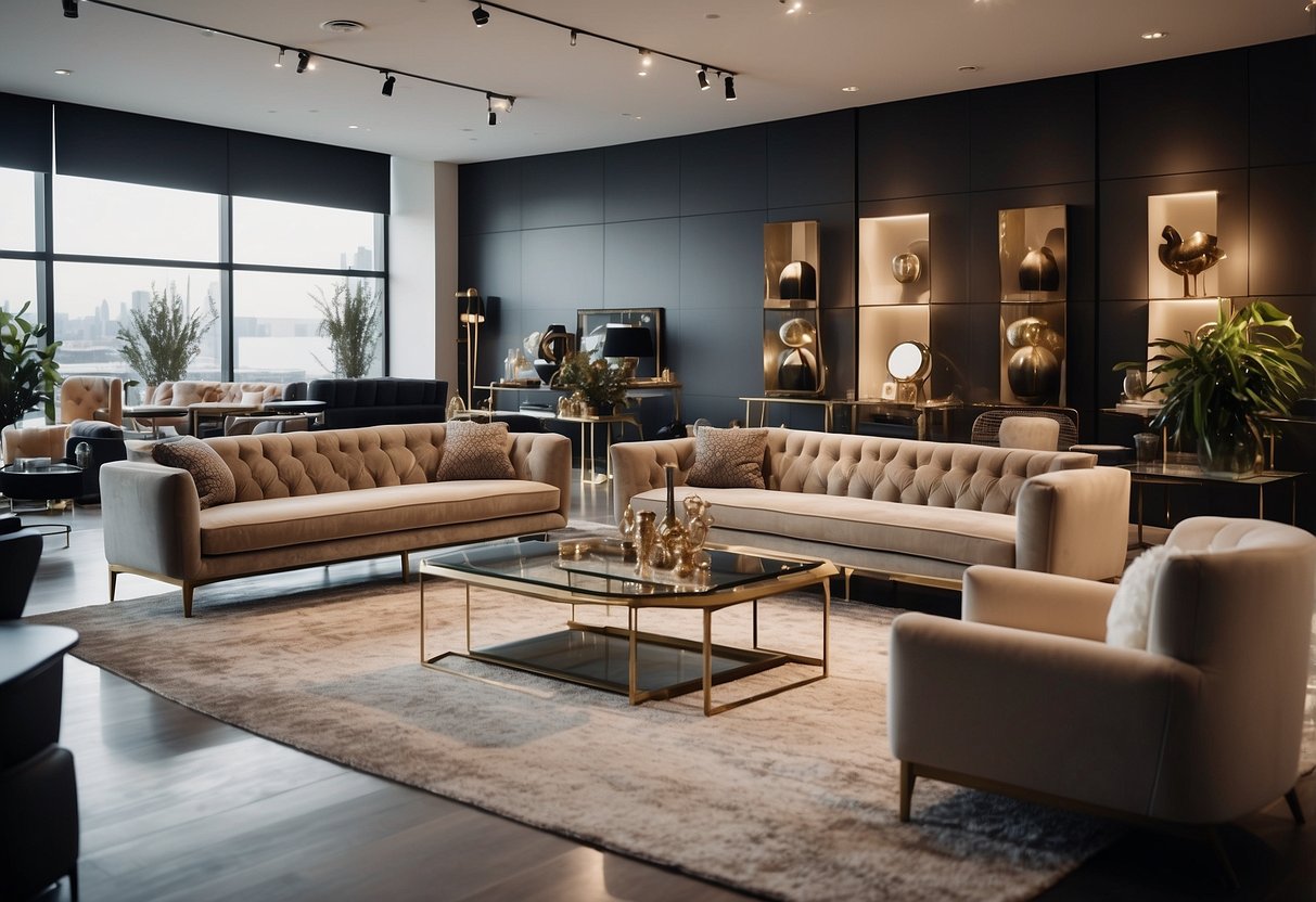 A sleek, modern showroom filled with opulent furniture pieces. A large sign reads "Frequently Asked Questions" above a display of luxurious sofas and chairs
