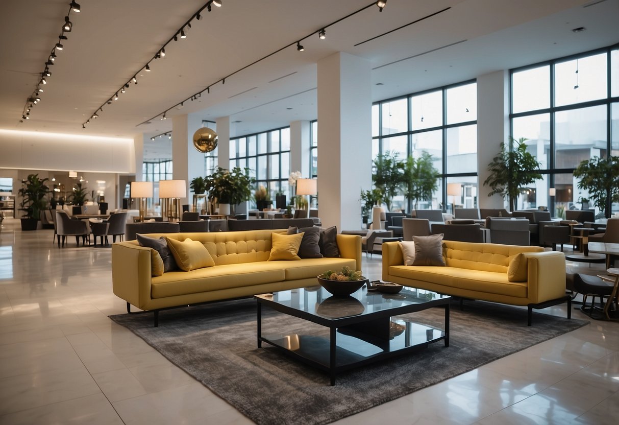 A spacious showroom with modern and classic furniture displays. Bright lighting and clean, organized aisles create an inviting atmosphere for browsing and shopping