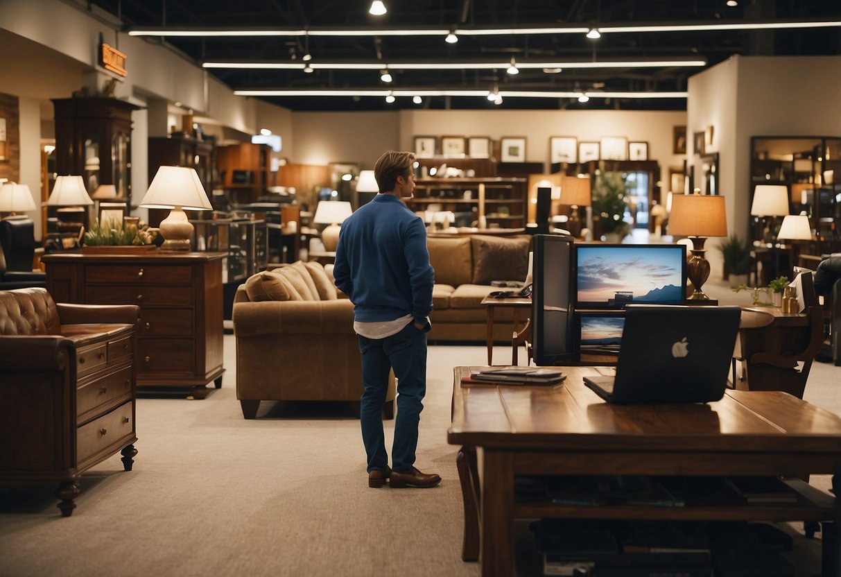 A customer browsing through a display of furniture with a sign reading "Frequently Asked Questions" in a Lexington furniture store