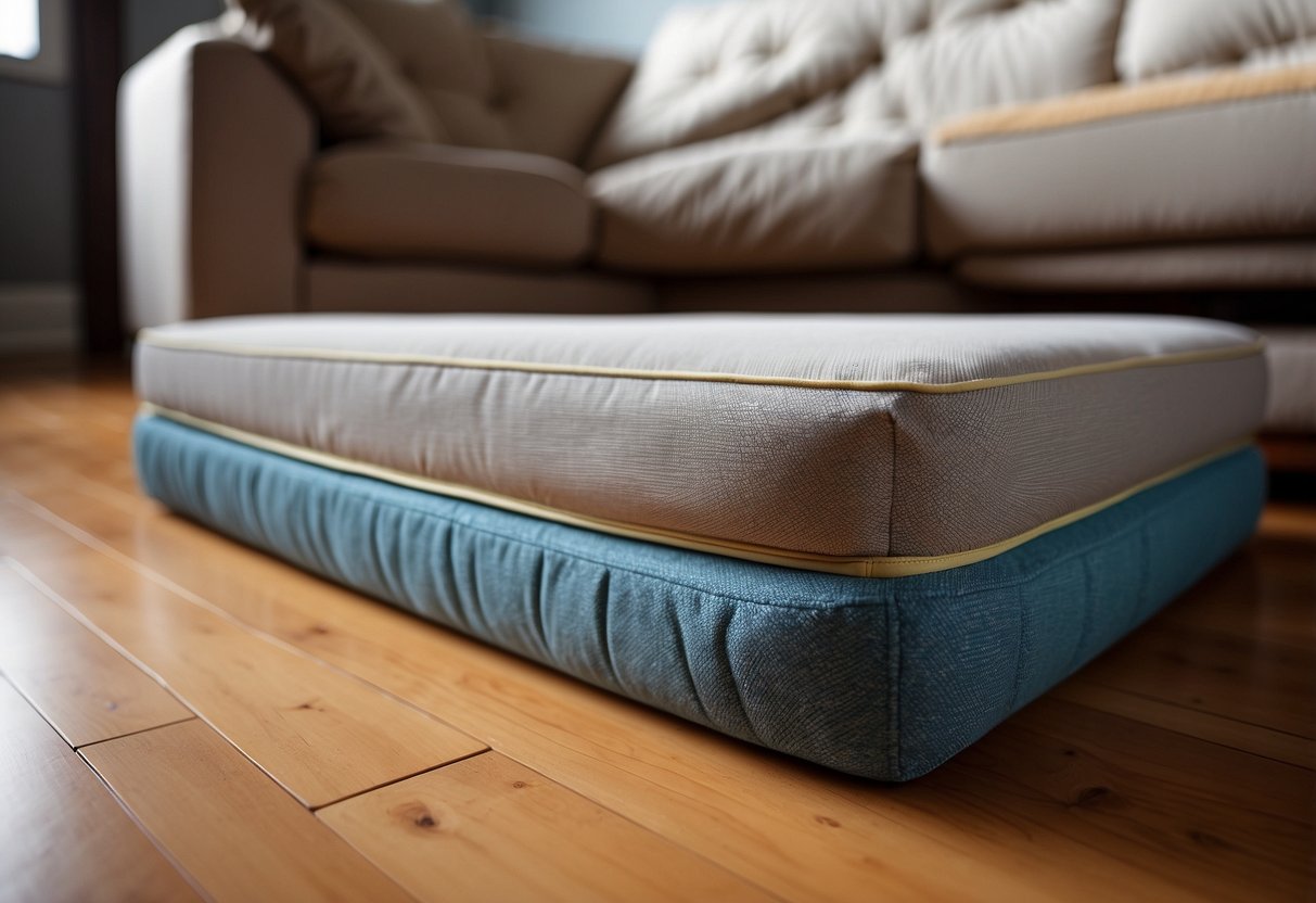 Heavy duty furniture pads are placed under a heavy couch on a hardwood floor, protecting it from scratches and dents