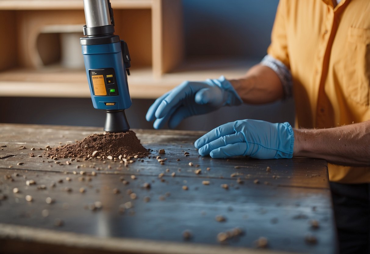 A furniture piece is being treated with a protective termite control solution, creating a barrier against potential infestations