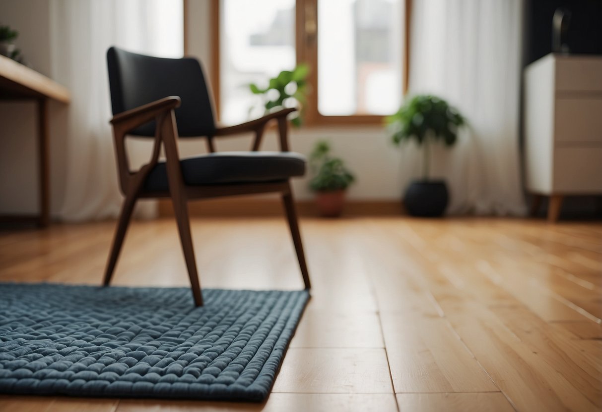 A heavy-duty furniture pad is placed under a chair on a hardwood floor, protecting the surface from scratches