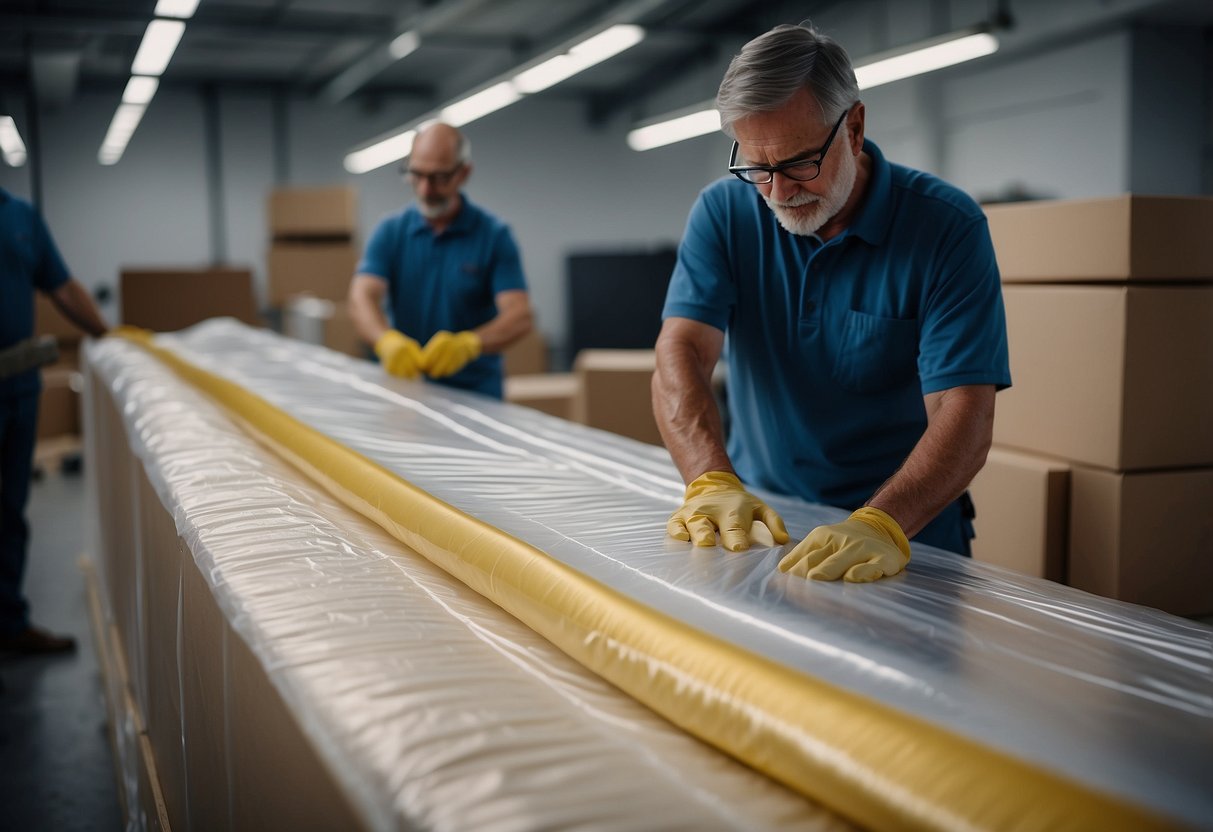 Furniture being wrapped in protective coverings and secured with packing tape for storage