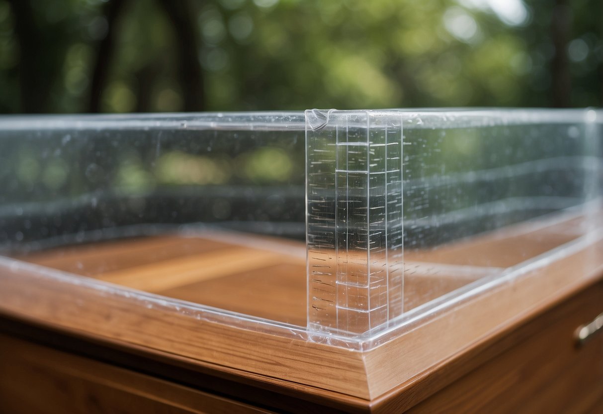 A furniture piece surrounded by protective barriers, sealed with termite-resistant coating, and placed away from moisture sources