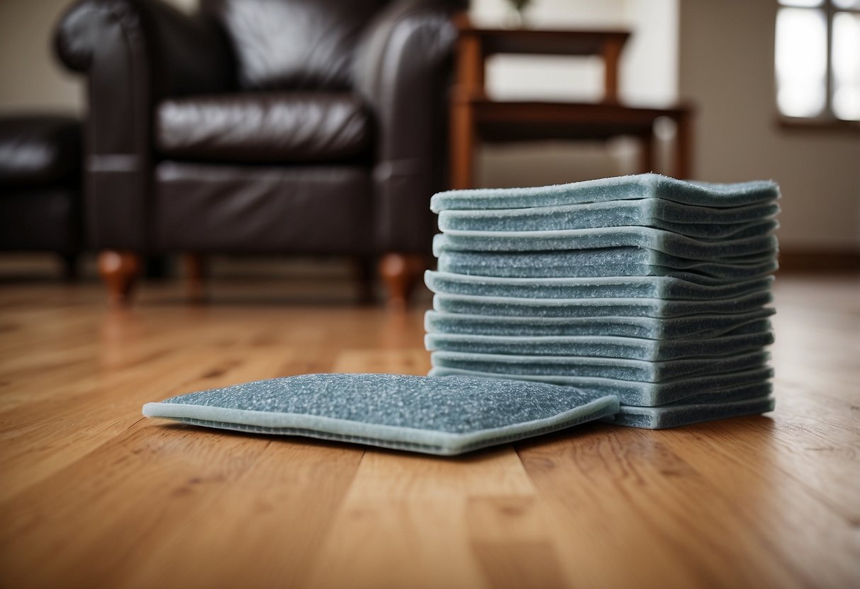 A stack of heavy-duty furniture pads sits on a hardwood floor, with a chair leg resting on top to demonstrate their protective function