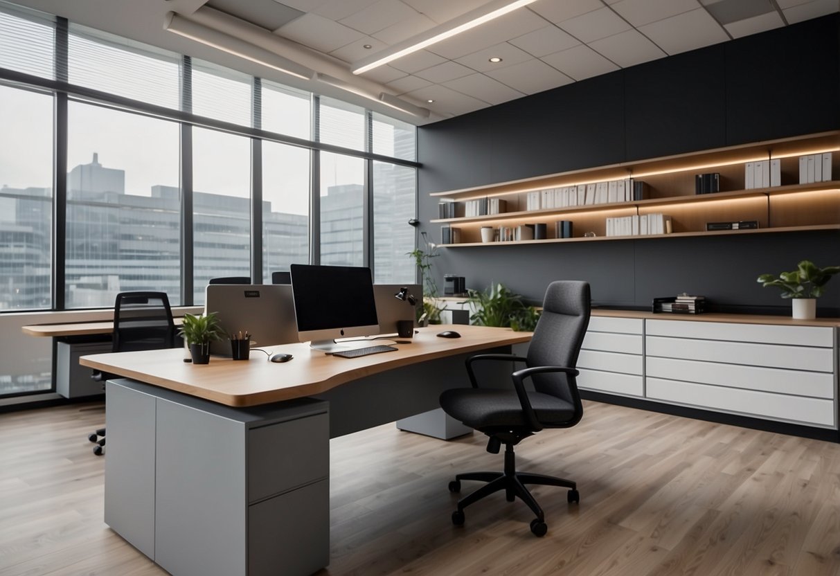 A modern office with sleek Logiflex furniture, including desks, chairs, and storage units, arranged in a spacious and stylish layout