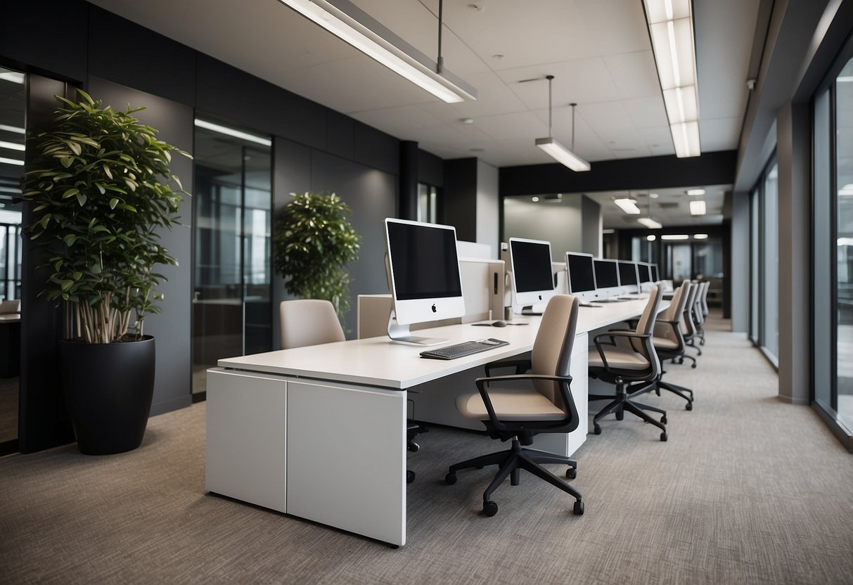 A modern office space with sleek, ergonomic furniture from Logiflex. Clean lines, neutral colors, and functional design create a professional and inviting environment