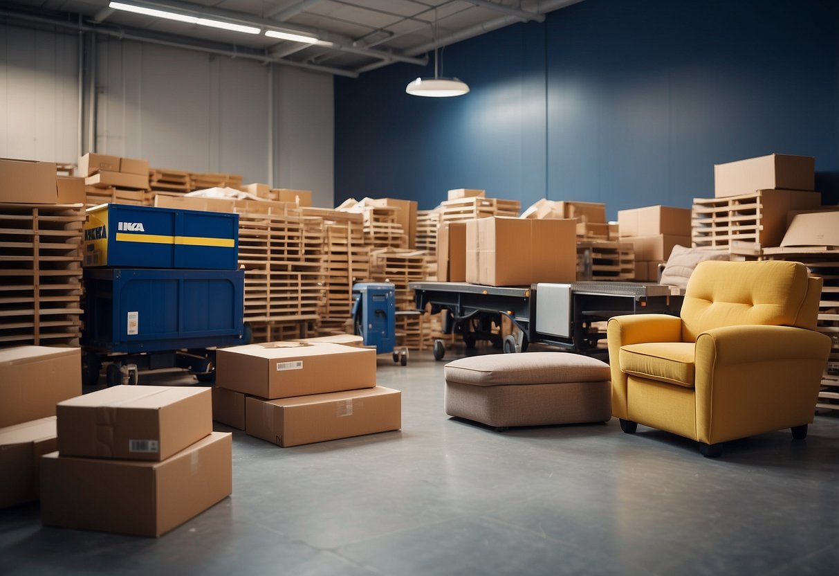 A stack of used IKEA furniture sits in a corner of a brightly lit room, ready for collection. A delivery truck waits outside, its doors open to receive the pre-loved items