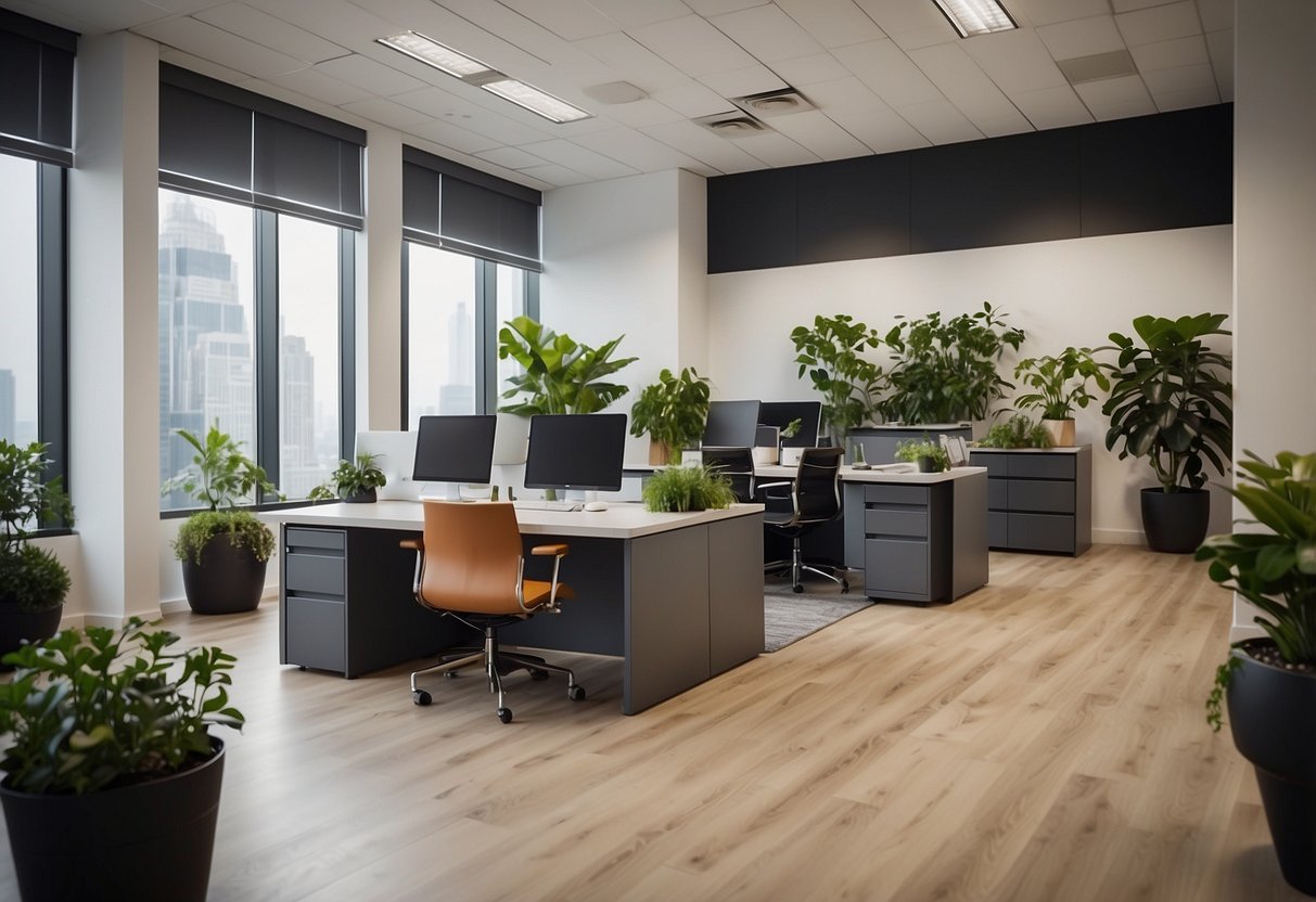 A modern office space with sleek Logiflex furniture, clean lines, and natural lighting. Plants and artwork add warmth and personality to the space