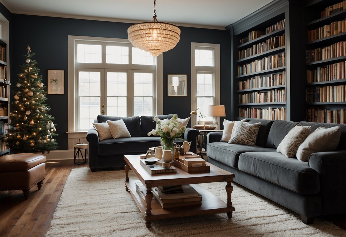 A cozy living room with a large, comfortable sofa, a coffee table, and a bookshelf filled with books and decorative items. The walls are adorned with artwork, and a soft rug covers the floor