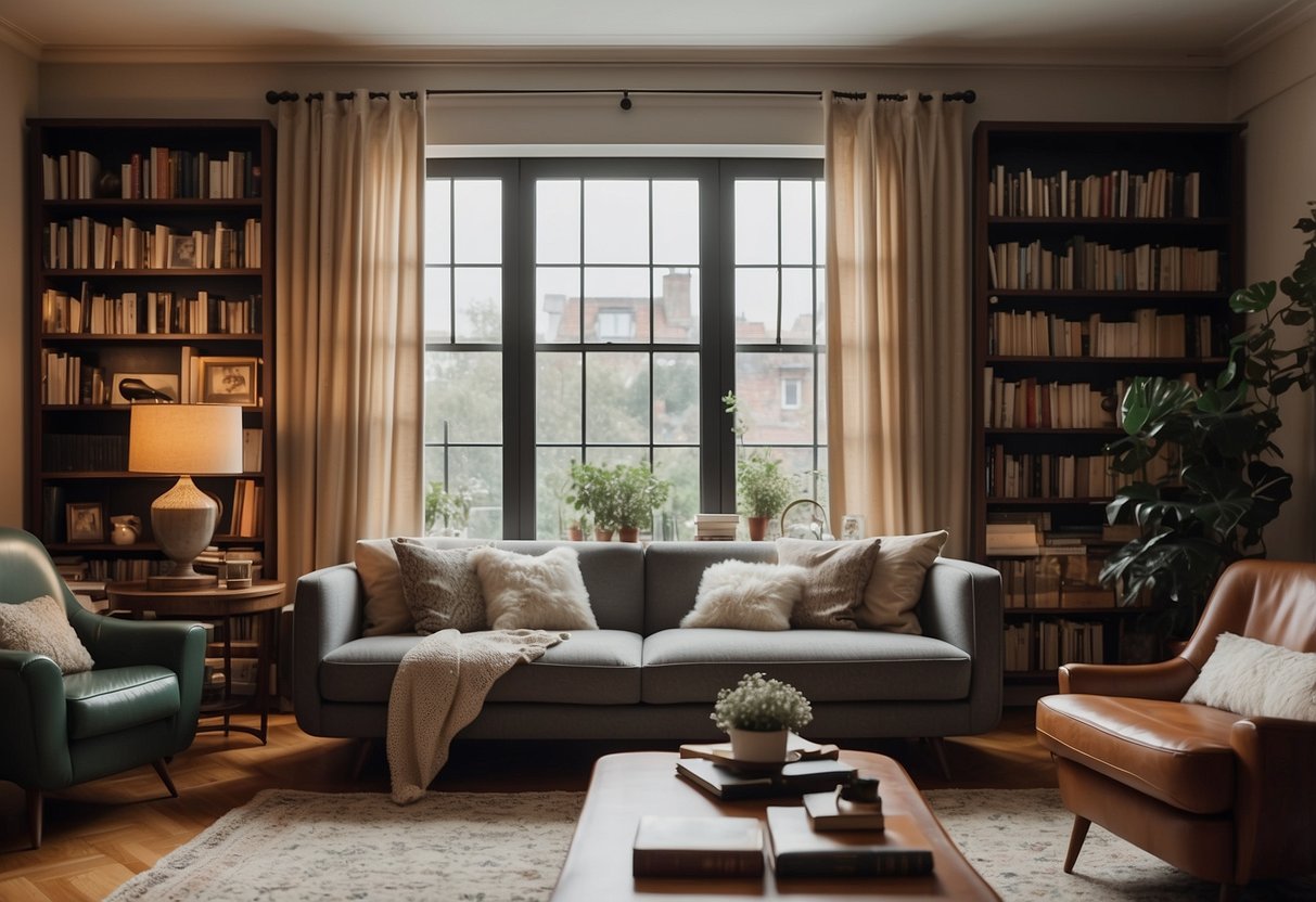 A cozy living room with a mix of modern and vintage furniture, soft lighting, and a bookshelf filled with classic literature