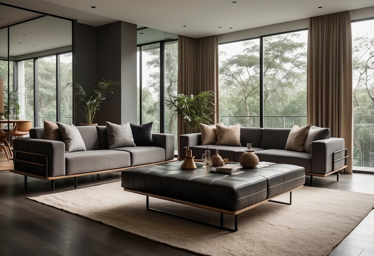 A sleek, modern living room with Thai designer furniture showcased against a backdrop of natural light and minimalist decor