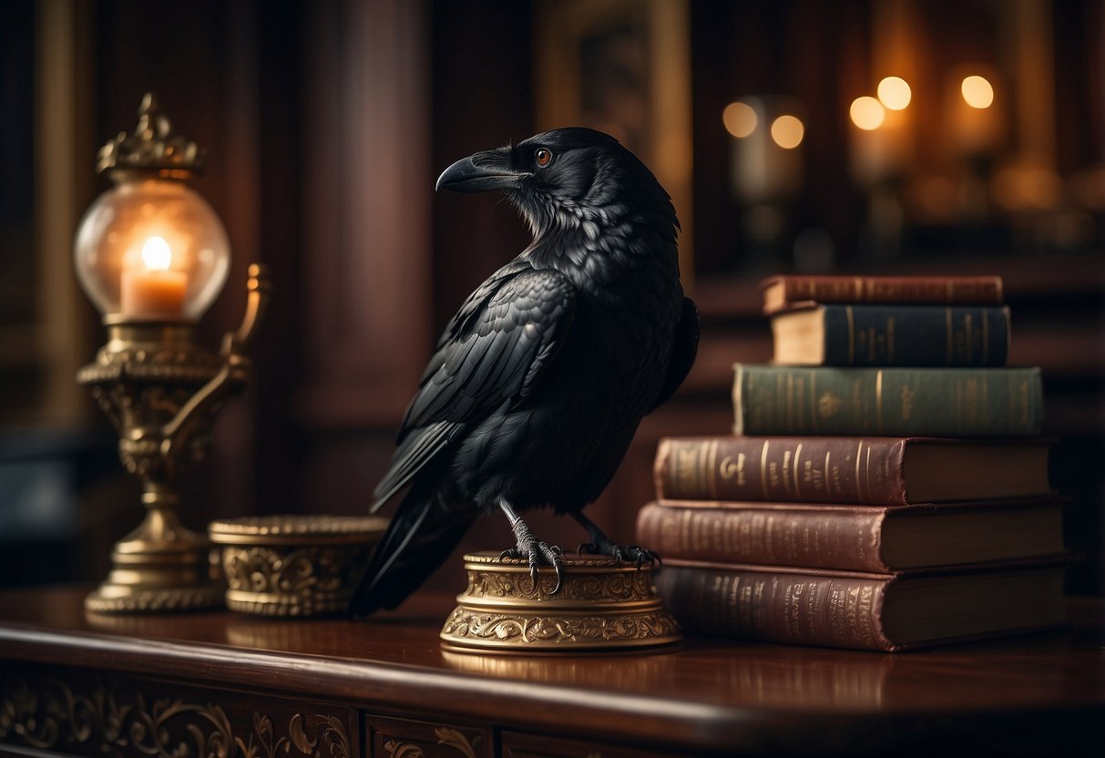 A dimly lit room with ornate Victorian furniture, a collection of books, and a raven perched on a bust of Pallas