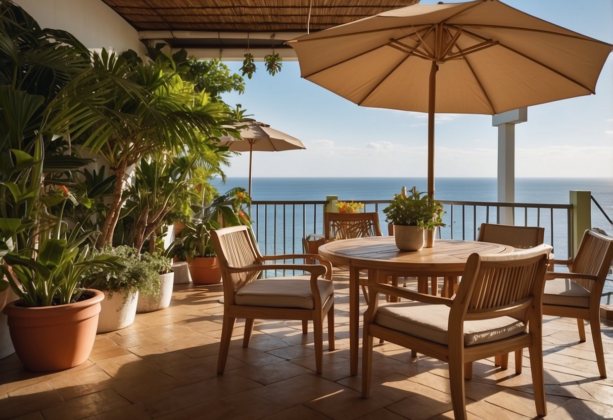 A teak style furniture set arranged on a patio, with a table and chairs under a large umbrella, surrounded by potted plants and a view of the ocean