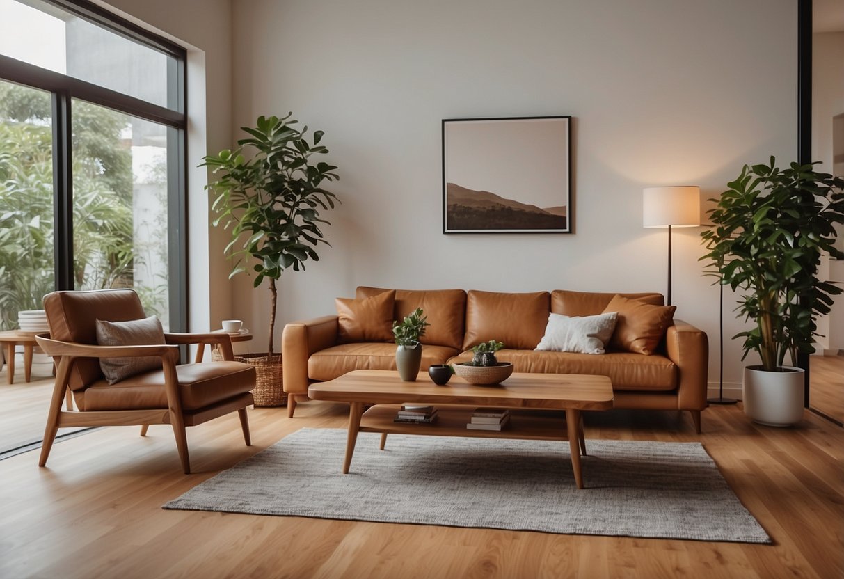 A cozy living room with teak style furniture, including a sleek coffee table, a comfortable sofa, and a stylish armchair. The warm wood tones and clean lines create a modern yet inviting atmosphere