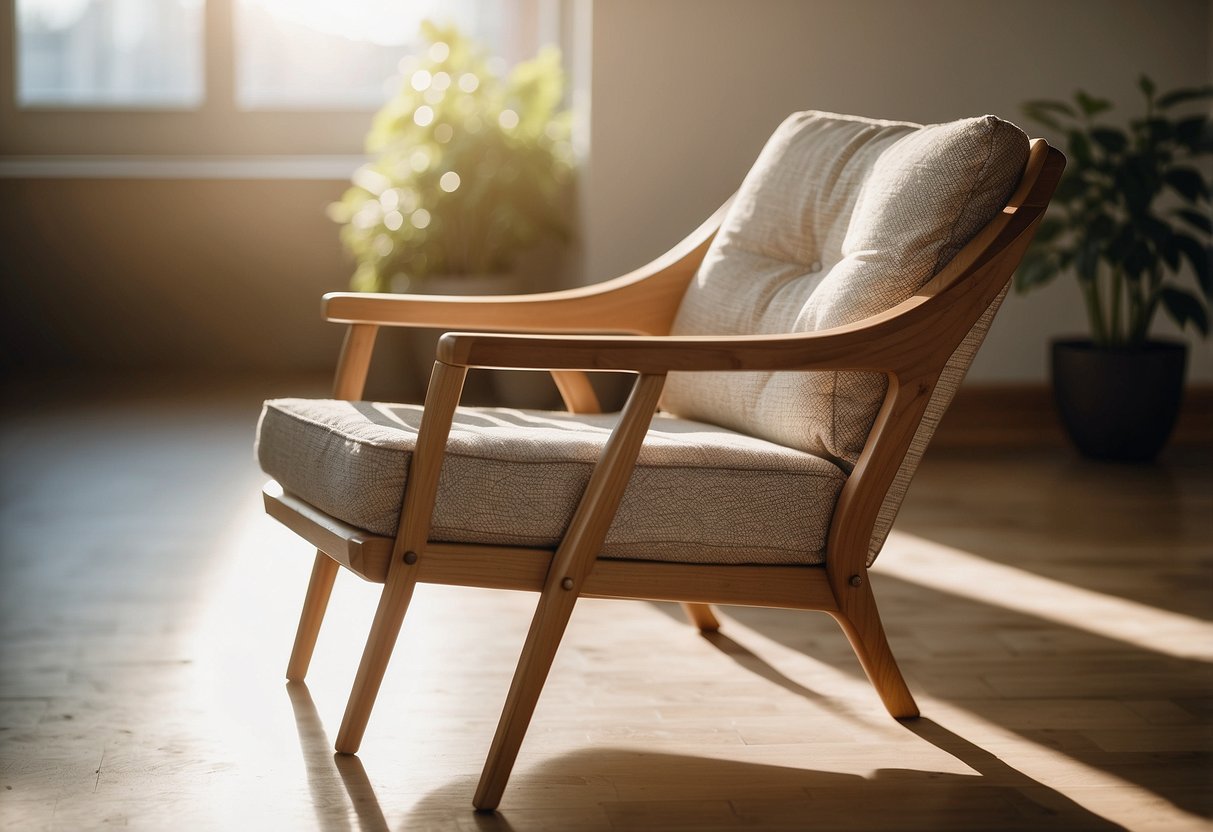 A well-crafted chair sits in a sunlit room, showcasing clean lines and balanced proportions. The use of natural materials and a neutral color palette exudes a sense of timeless elegance and simplicity