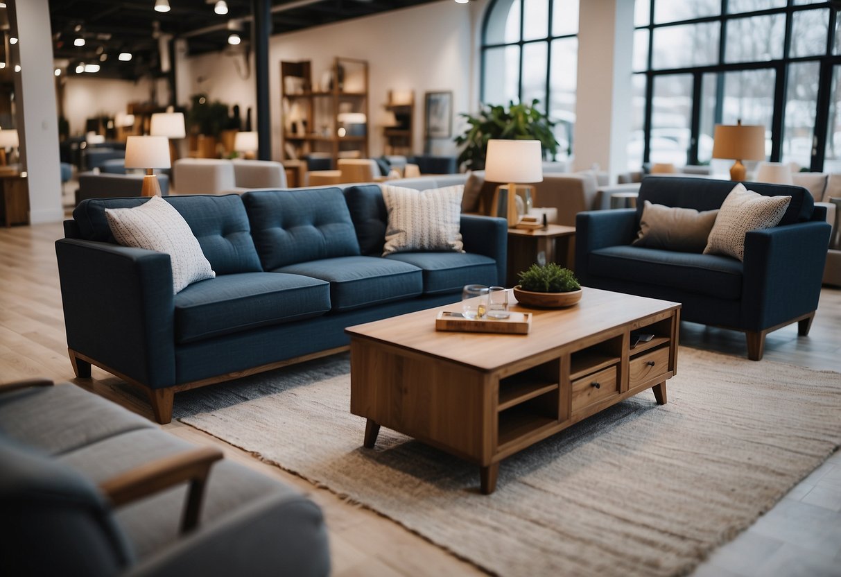 Furniture displayed with price tags in a well-lit showroom
