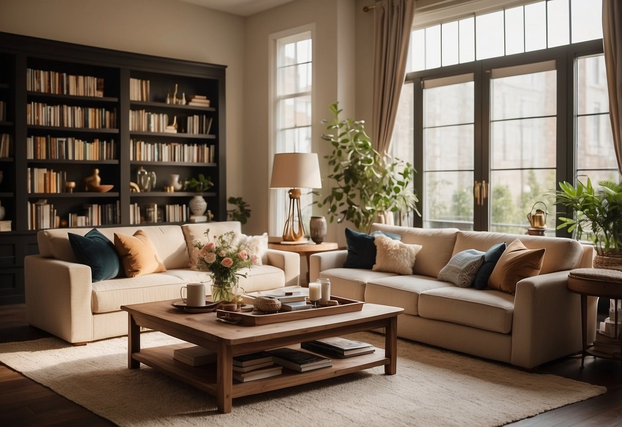 A cozy living room with a plush sofa, elegant coffee table, and stylish bookshelves. Soft lighting and warm colors create a welcoming atmosphere