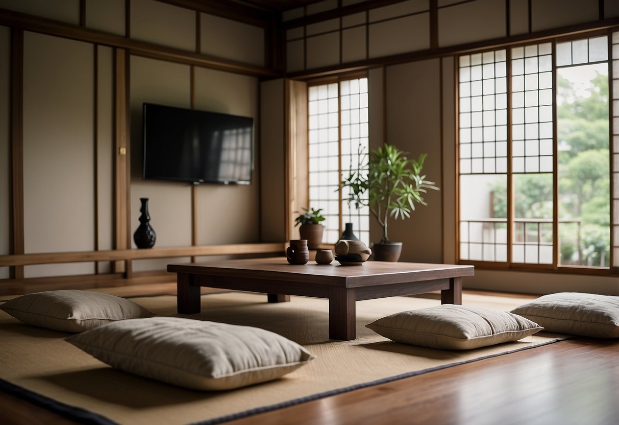A traditional sashimono furniture set, including a low table and floor cushions, is arranged in a serene tatami room with sliding shoji doors and a tokonoma alcove