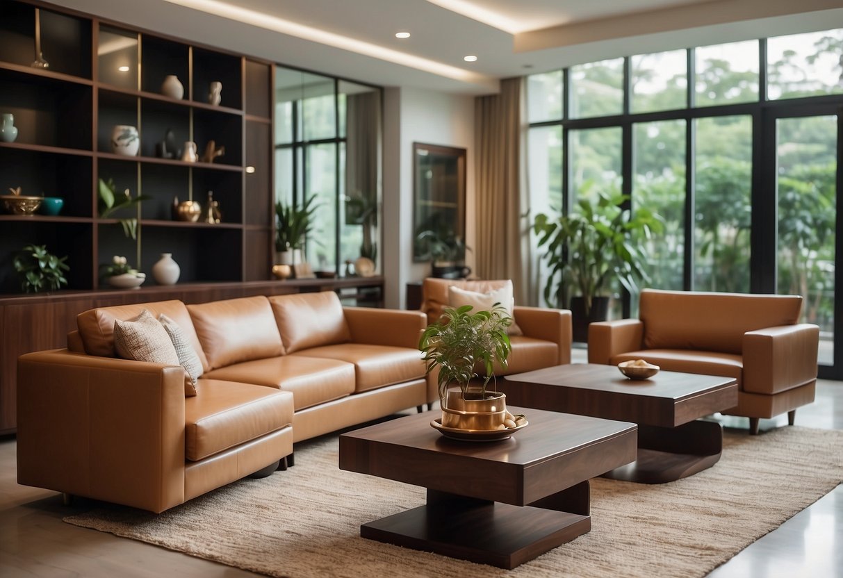 A modern living room with sleek Thai designer furniture, featuring clean lines and rich wood tones