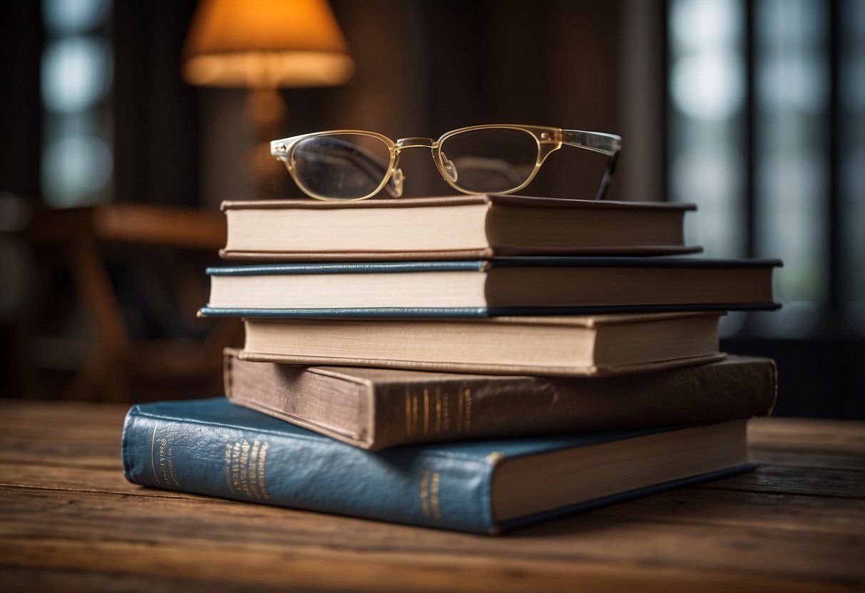 A stack of books on a wooden table, with a pair of reading glasses resting on top, surrounded by various pieces of furniture