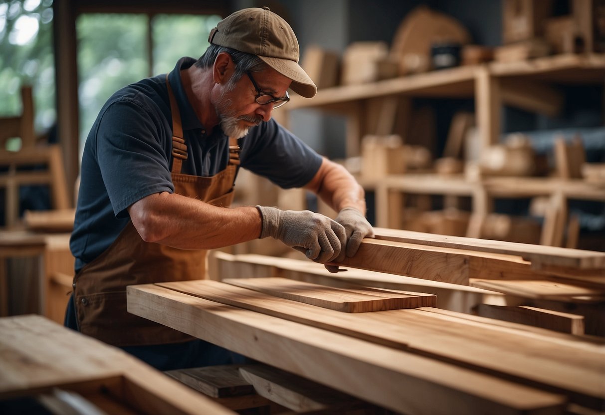 A woodworker carefully selects teak wood to craft elegant furniture