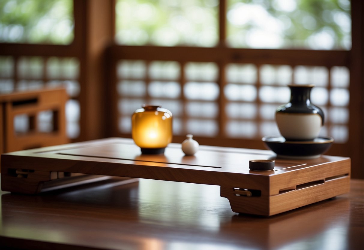 A traditional Japanese sashimono furniture set, intricately crafted with clean lines and elegant joinery, symbolizing the cultural significance of craftsmanship and heritage
