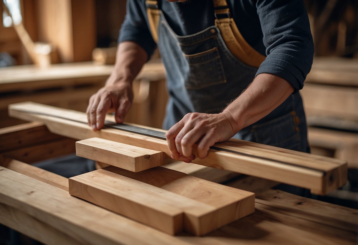 A carpenter uses traditional tools to craft sashimono furniture from fine wood, carefully cutting and assembling intricate joinery