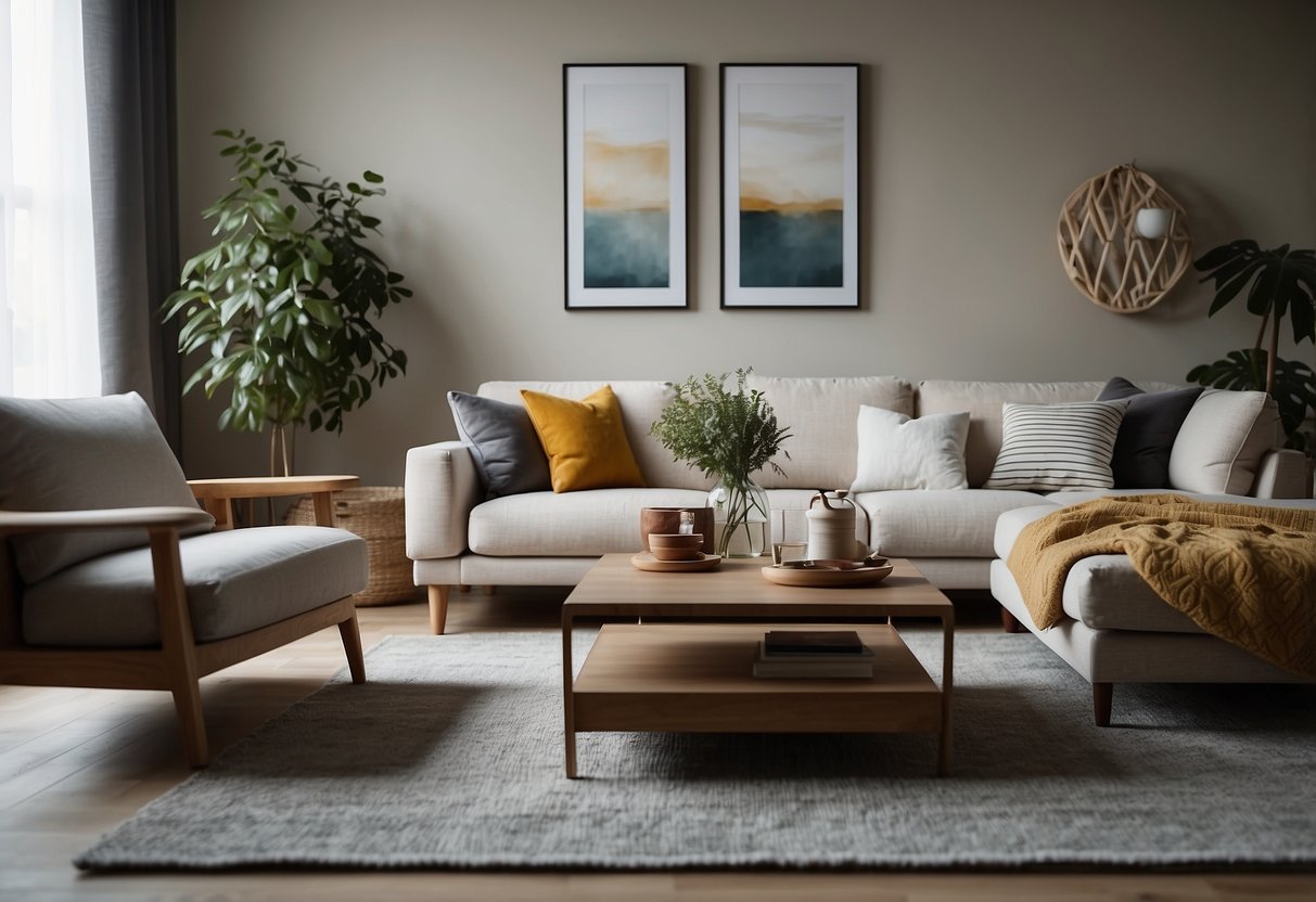 A cozy living room with a variety of stylish furniture pieces arranged in a harmonious and functional manner, creating a welcoming and inviting atmosphere