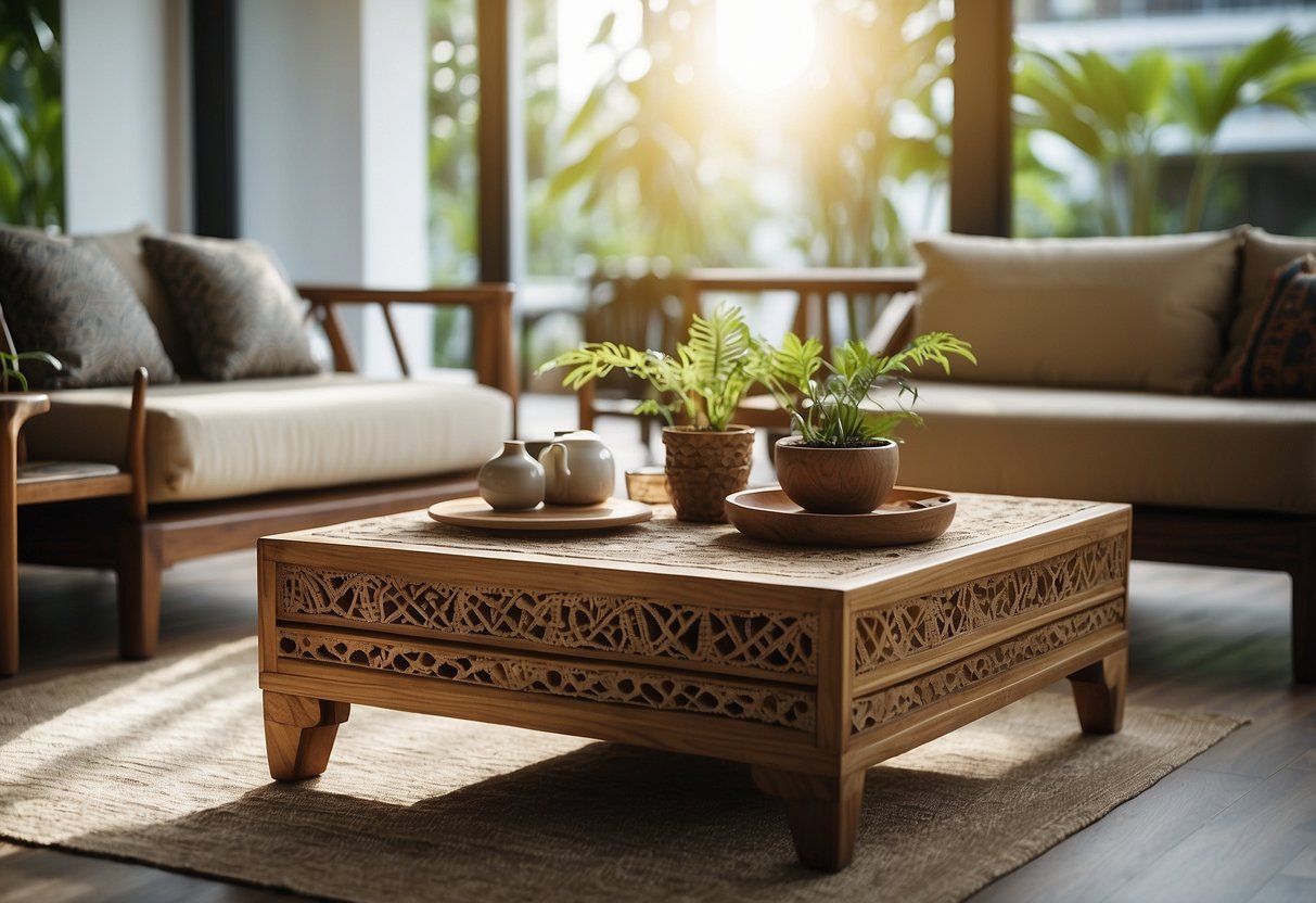 A modern living room with Thai furniture: low wooden tables, floor cushions, and intricate carved details. Bright natural light filters in through large windows, creating a warm and inviting atmosphere