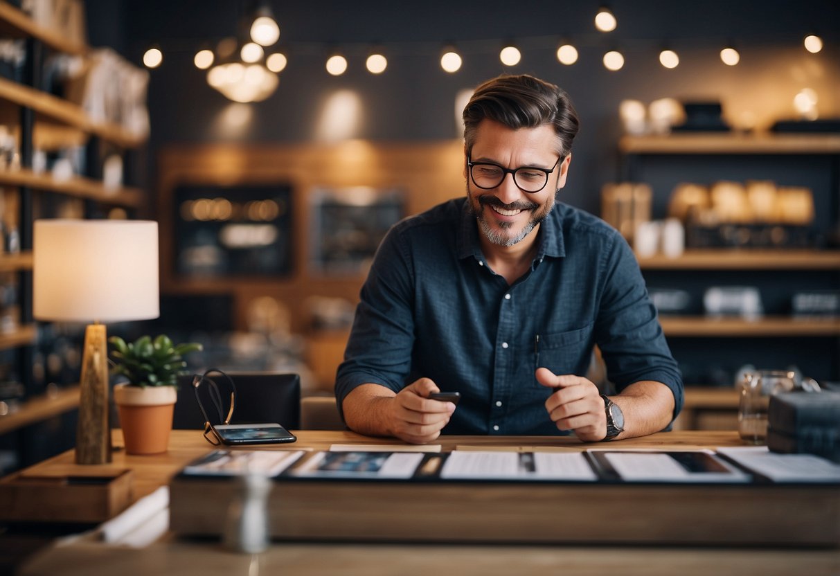 A furniture store owner carefully selects online platforms and marketing strategies to sell their products. They research and analyze the best options for reaching their target audience