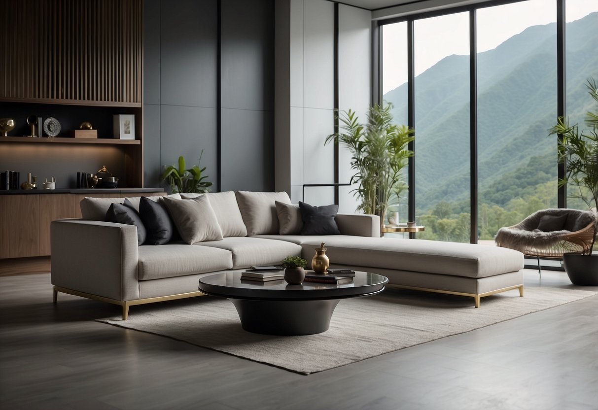 A modern living room with sleek, minimalist furniture. A customer service representative answering questions about Thai designer furniture