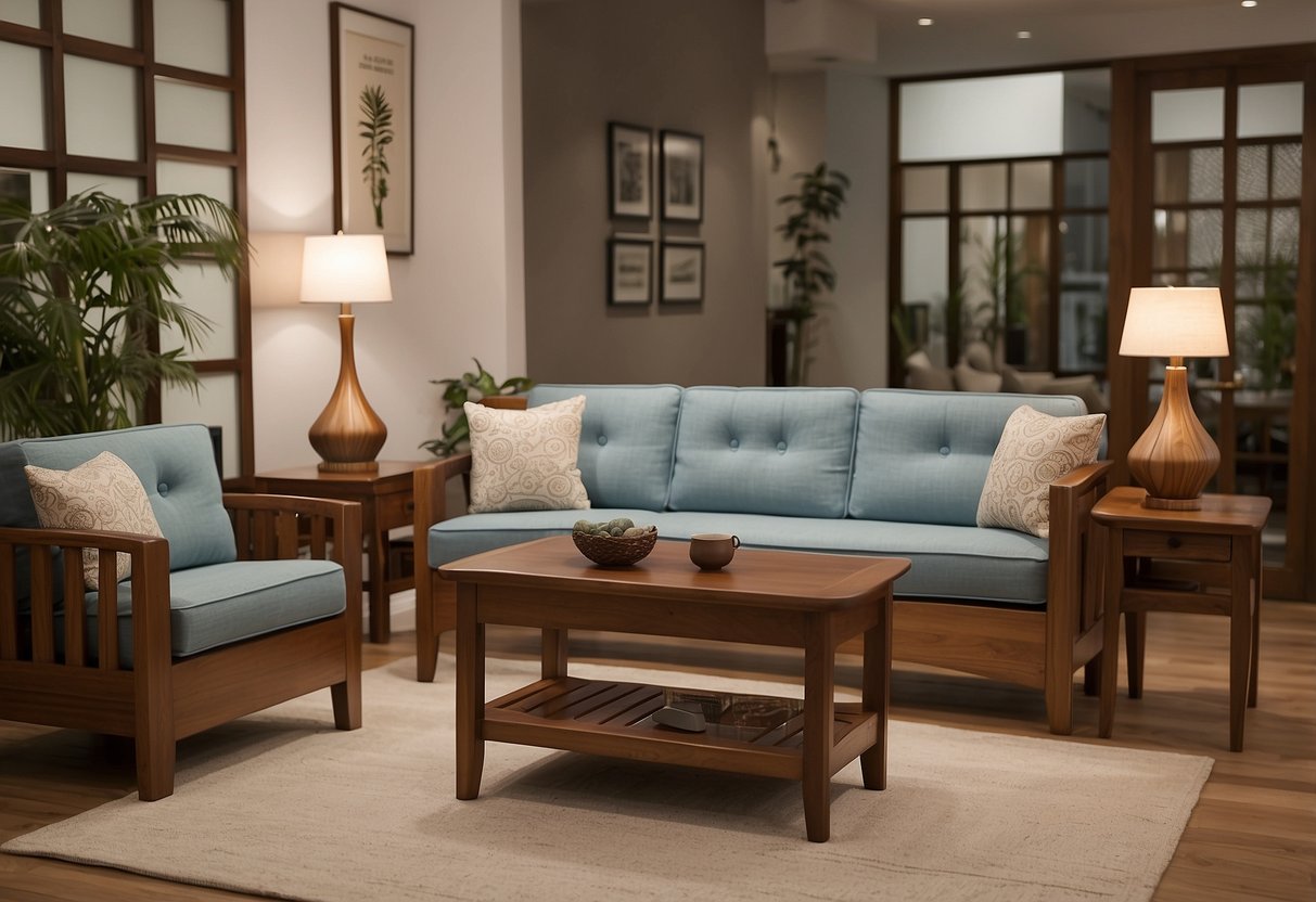 A teak style furniture set displayed with a "Frequently Asked Questions" sign nearby