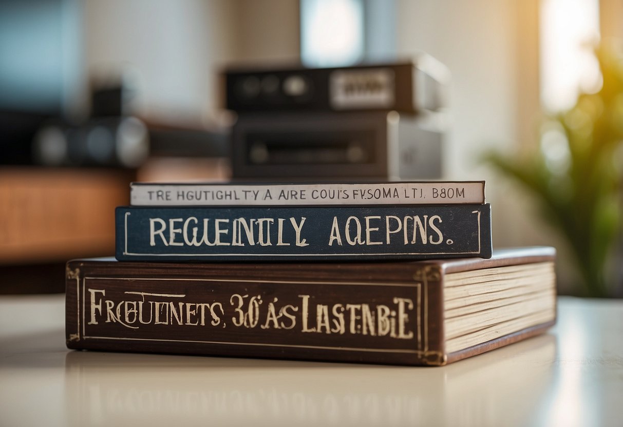 A stack of furniture with a "Frequently Asked Questions" sign displayed prominently