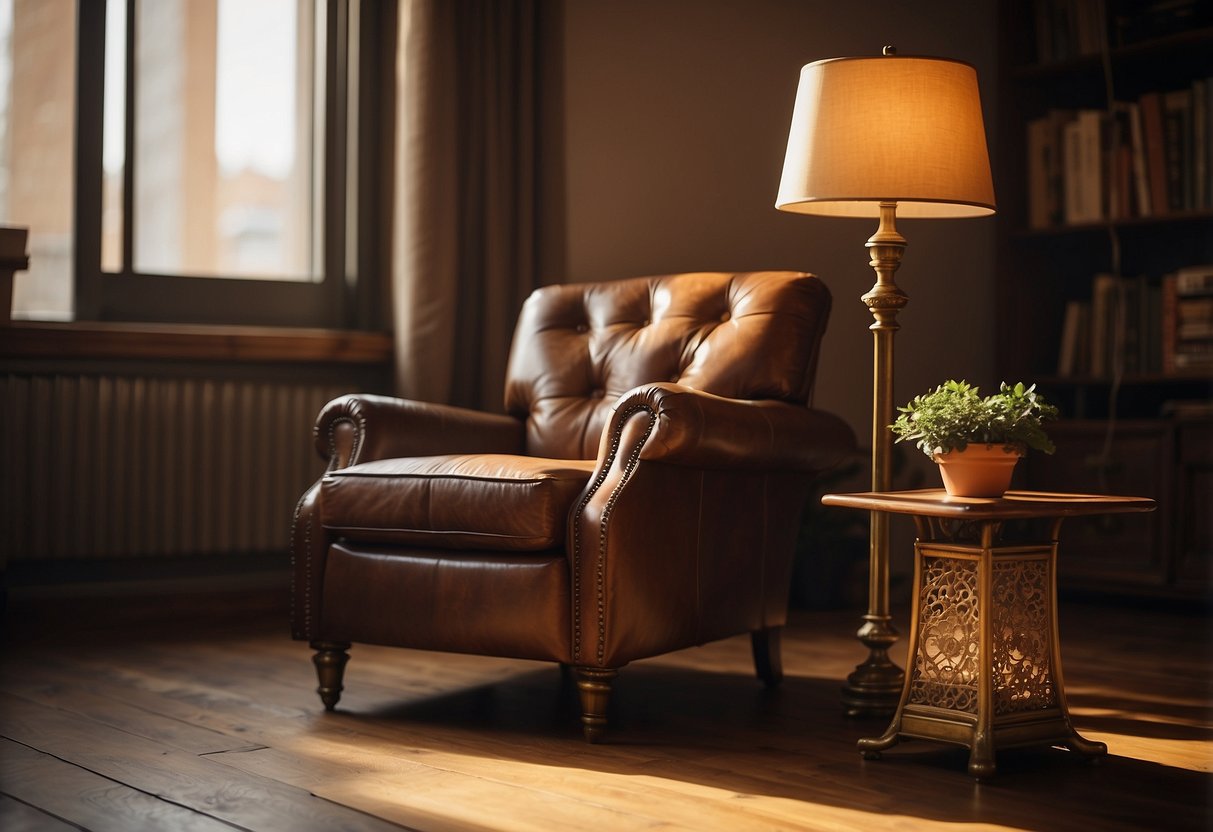 The original furniture: a worn leather armchair, a vintage wooden desk, and a brass floor lamp casting a warm glow