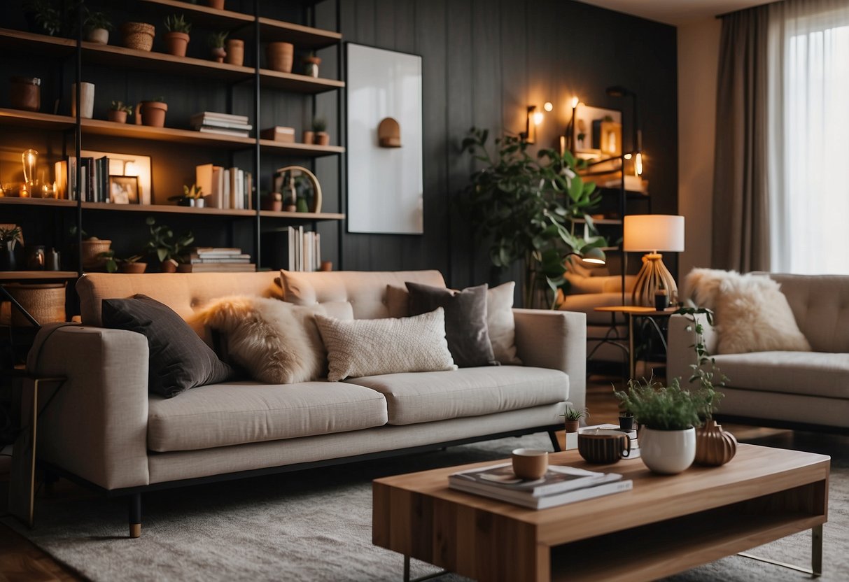 A cozy living room with a modern sofa, coffee table, and bookshelf. A family-friendly atmosphere with warm lighting and stylish decor