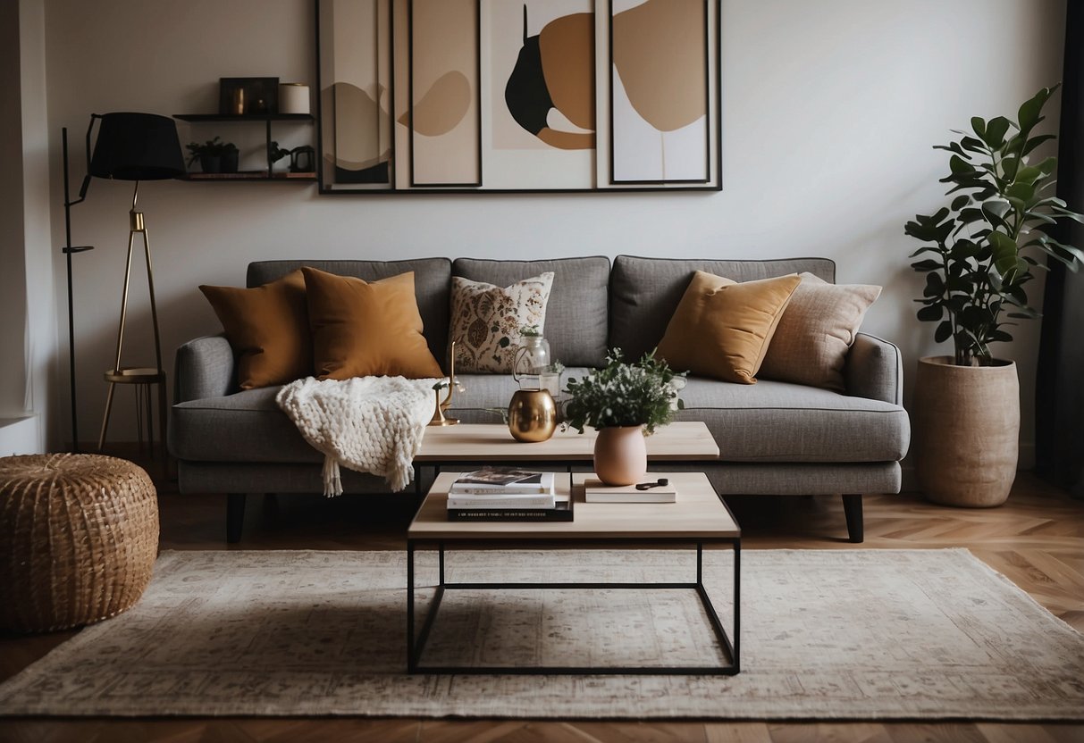 A cozy living room with a comfortable sofa, a modern coffee table, and stylish shelves filled with decor. A large rug ties the room together, and the walls are adorned with beautiful artwork