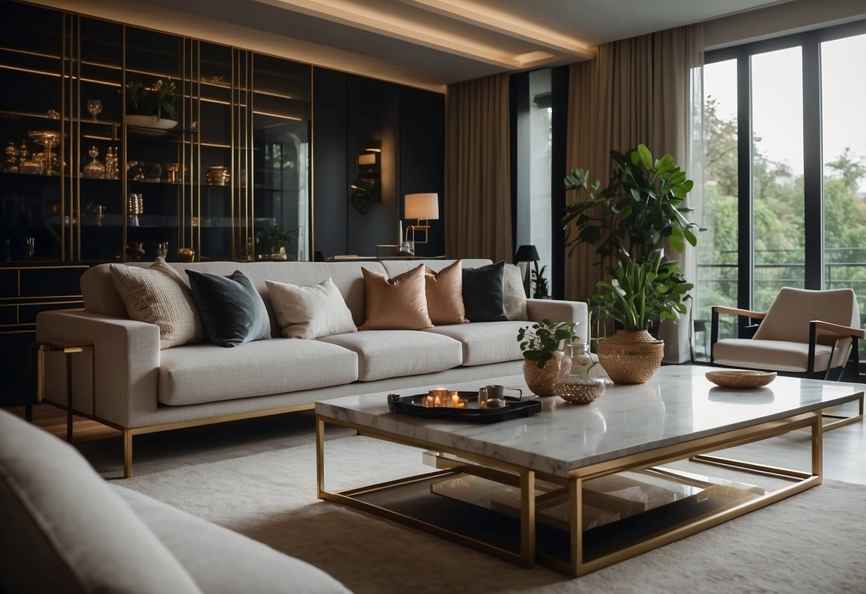 An elegant living room with modern furniture and luxurious decor. A cozy atmosphere with soft lighting and a hint of sophistication