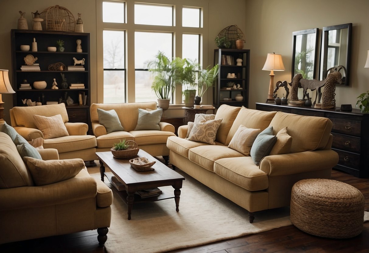 A living room with a variety of furniture styles, including sofas, chairs, tables, and shelves, displayed in an organized and inviting manner