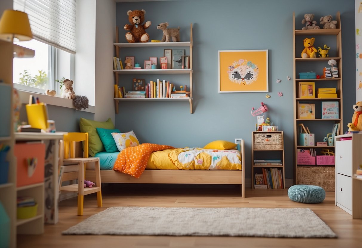 A colorful kids' room with a small bed, a bookshelf filled with toys, a desk with art supplies, and a cozy reading nook with a beanbag chair