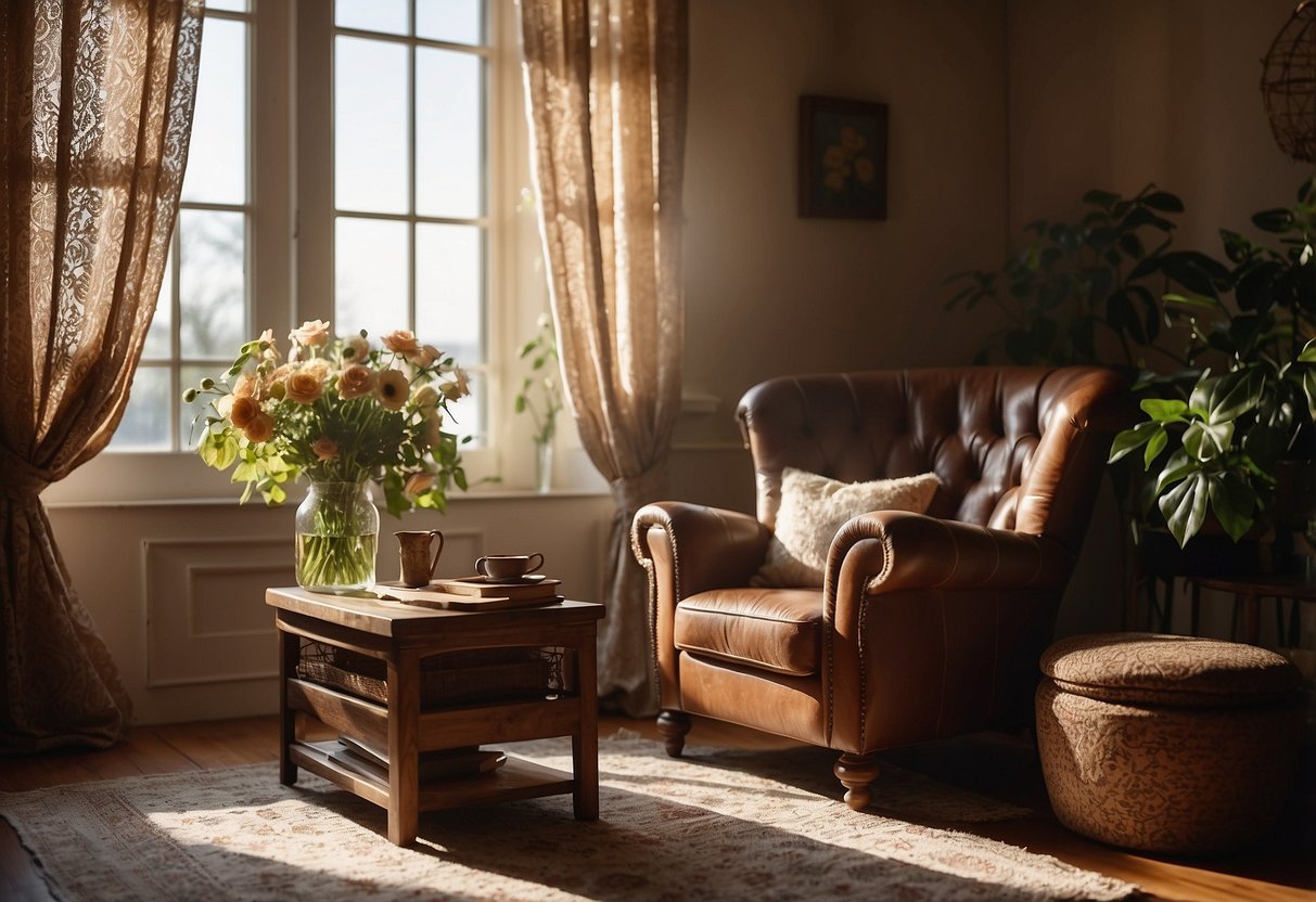 A cozy living room with a worn leather armchair, a wooden coffee table, and a vintage floral-patterned sofa. Sunlight streams through lace curtains onto the well-loved furniture