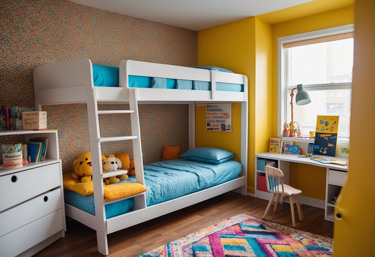 A child's room with a colorful bunk bed, a study desk, and a bookshelf filled with toys and books. Bright, playful wallpaper and a cozy rug complete the space