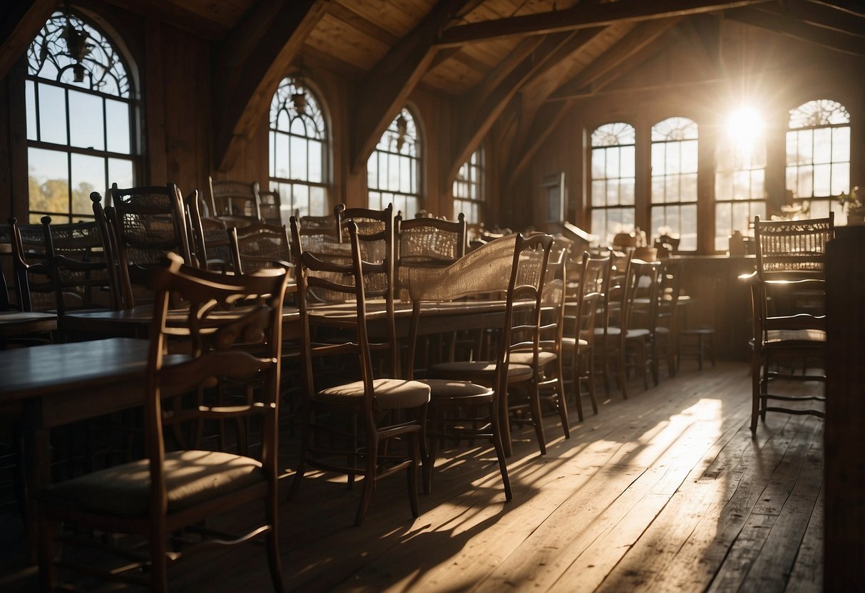 A cluttered attic filled with dusty, ornate chairs, tables, and cabinets. Sunlight filters through the cobweb-covered windows, illuminating the forgotten treasures