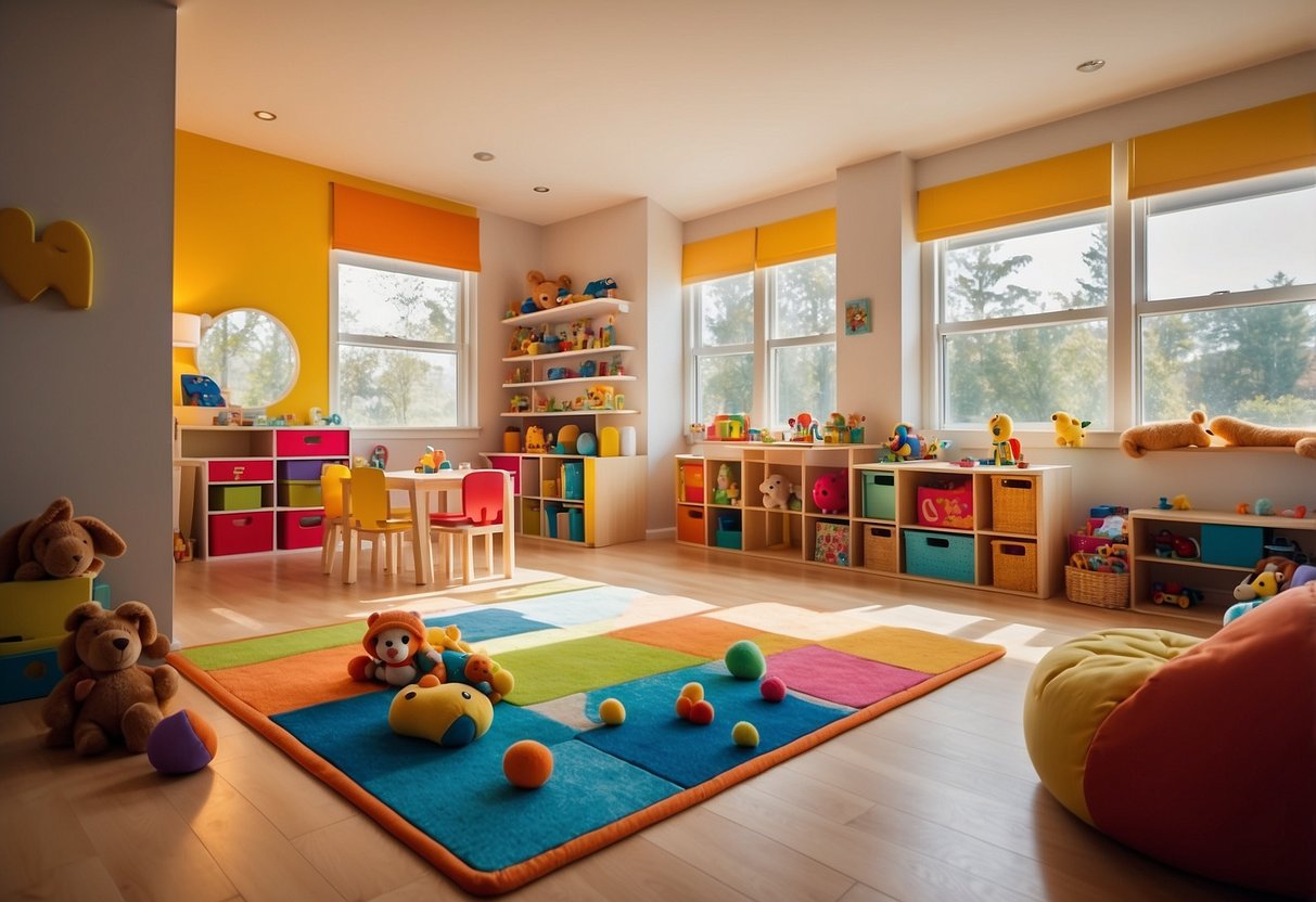 Colorful furniture and toys fill the kids' room. A large, open space invites play and creativity. Bright, natural lighting streams in through large windows, casting a warm glow over the room