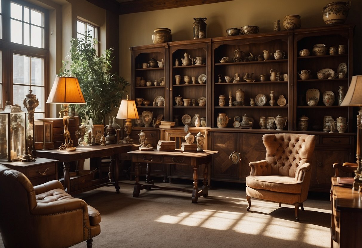 A vintage furniture shop with shelves filled with unique, aged treasures. Sunlight streams in, casting warm, inviting shadows on the pieces